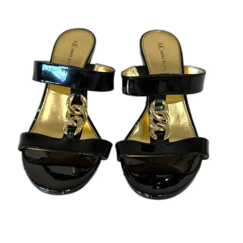 Anne Klein Black‎ Gold Chain Link Heels Sandal Slides Professional Womens 8.5
